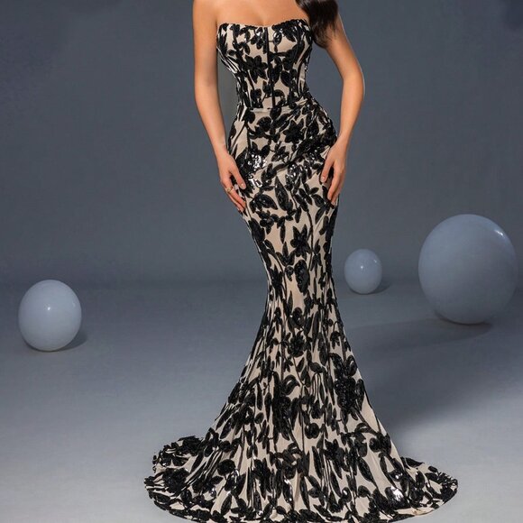 Black Elegant Women's Strapless Floor Length Floral Sparkly Sequin Party Gown - Picture 4 of 7